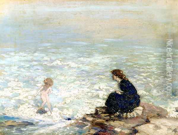 Mother and Child at the Waters Edge Oil Painting - George William Russell