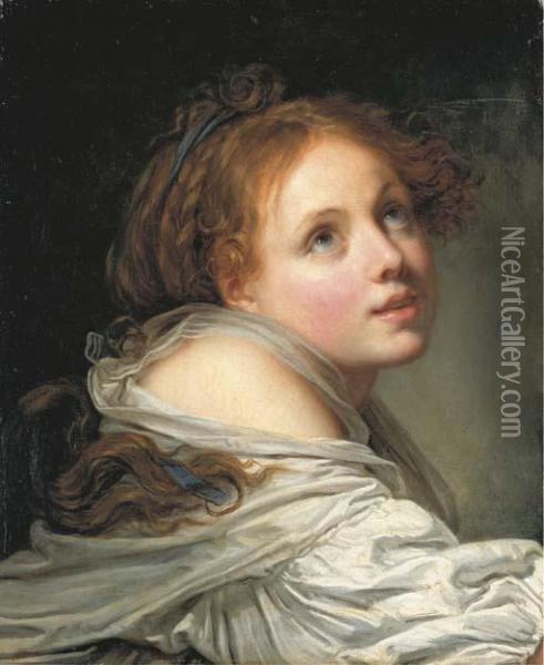 Innocence: A Girl, Bust-length, In A White Chemise, Looking Up Tothe Right Oil Painting - Jean Baptiste Greuze