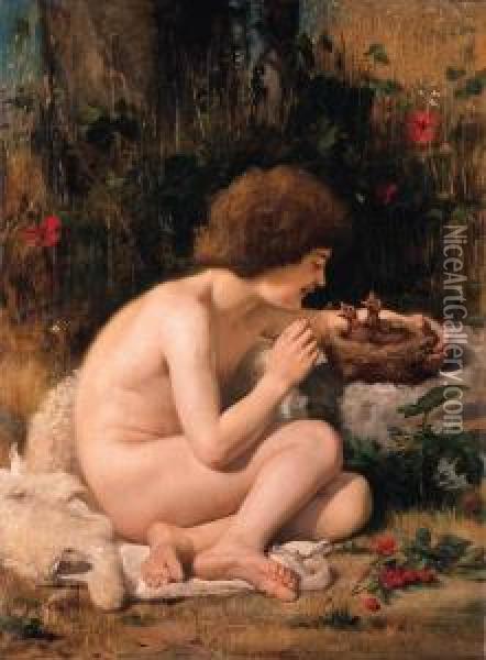 A Young Shepherd Feeding Baby Chicks Oil Painting - Leon-Jean-Basile Perrault