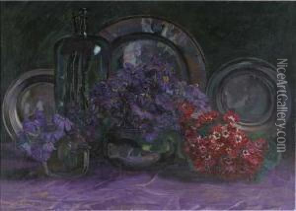 A Still Life With Anemones, A Bottle And Pewter Plates Oil Painting - Jo Koster Van Hattum