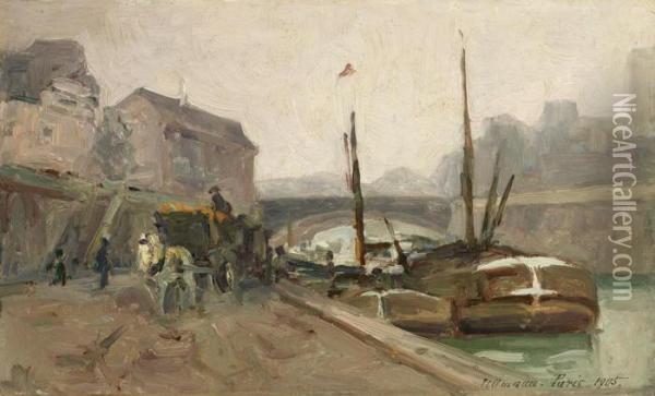 Paris - Kohlenschiffe In Der Seine Oil Painting - Julius Ullmann