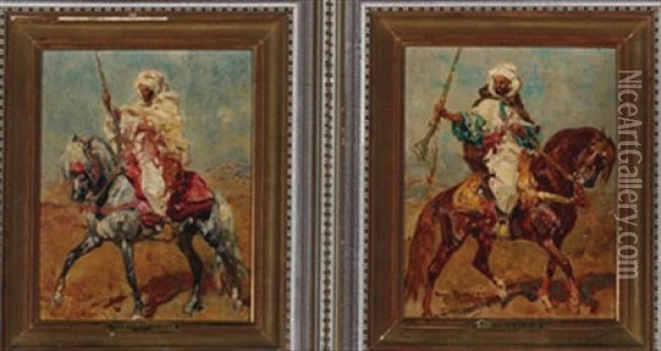 Arab Horsemen (+ Another, Similar; Pair) Oil Painting - Henri Emilien Rousseau