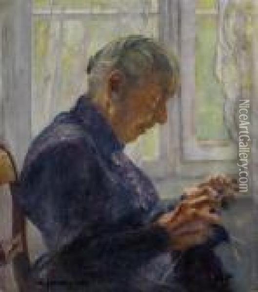 Alte Frau In Profil Bei Einer Strickarbeit Oil Painting - Carl August Liner