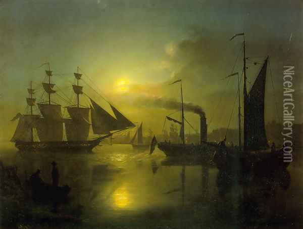 The Moonlit Harbour Oil Painting - Petrus van Schendel