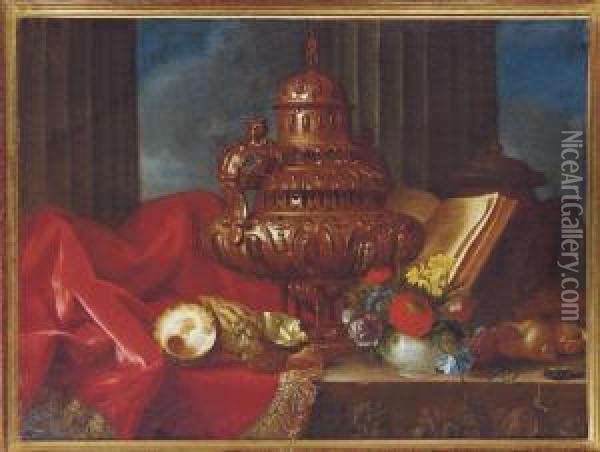 Still Life With A Silver Vessel, Flowers And Shells On A Table Oil Painting - Meiffren (Ephren) Conte (Leconte)