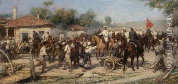 An Episode From The 1877-78 War: Russian Troops Liberate A Balkan Village From The Turks Oil Painting - Pavel Osipovich Kovalevskii