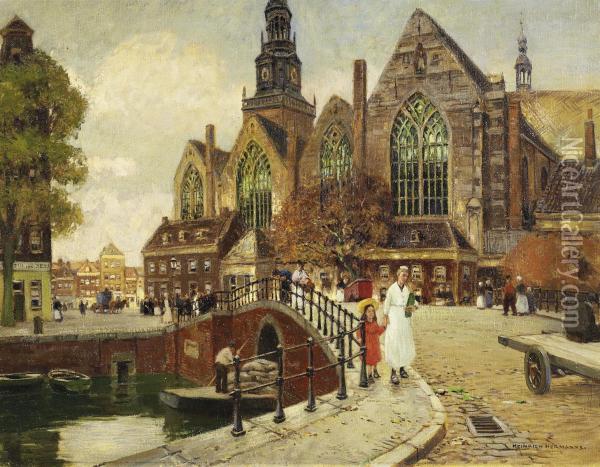 The Oude Kerk In Amsterdam Oil Painting - Heinrich Hermanns