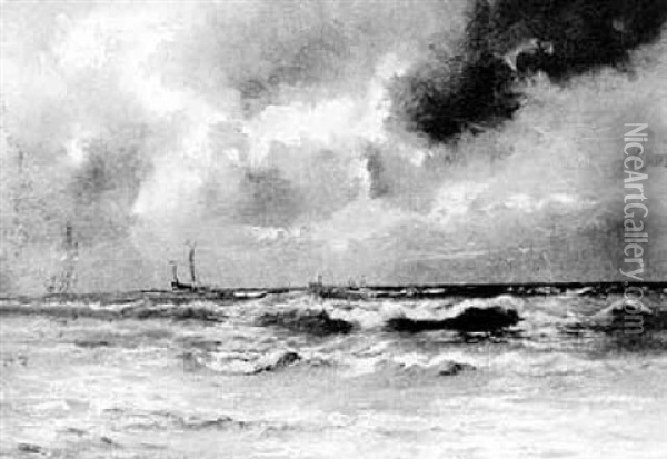 Tall Ships On The Horizon Of A Stormy Sea Oil Painting - Gerhard Arij Ludwig Morgenstjerne Munthe
