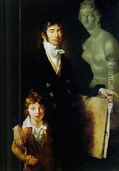 Self Portrait Of The Artist In Blue Velvet With His Son, Astyanax Scaevola Oil Painting - Jean Baptiste Francois Bosio