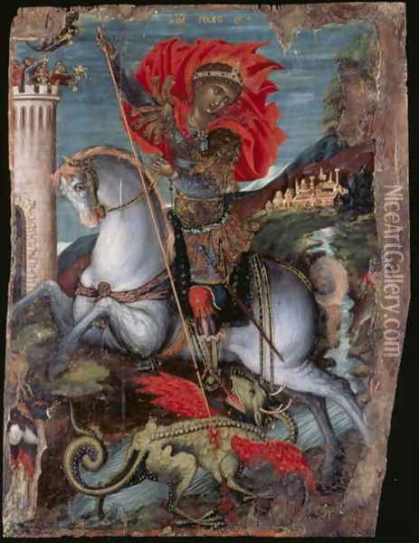 Icon of St George on Horseback Slaying the Dragon Oil Painting - Georgios Klontzas