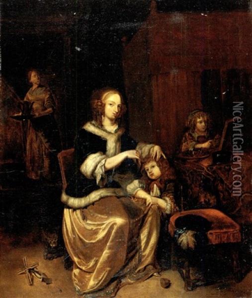 Mother And Children In An Interior Oil Painting - David Joseph Bles