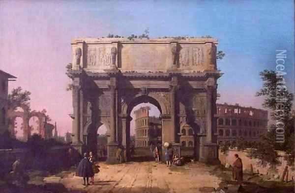 The Arch of Constantine with the Colosseum in the Background Oil Painting - (Giovanni Antonio Canal) Canaletto