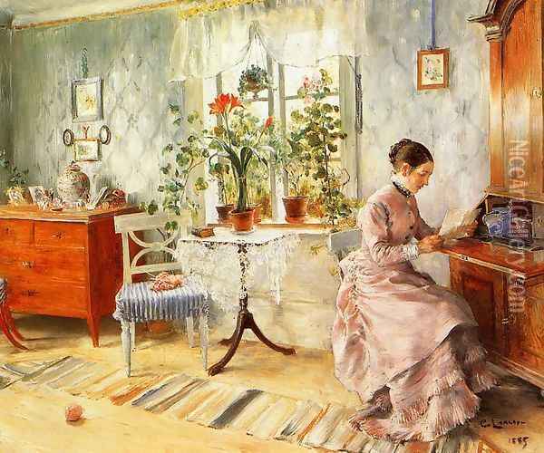 An Interior with a Woman Reading Oil Painting - Carl Larsson