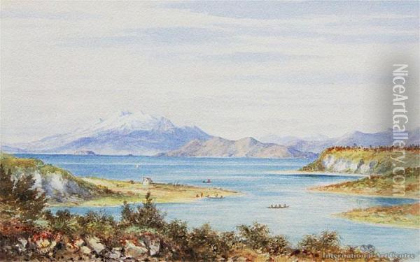 Lake Taupo With Maori Village And Waka Oil Painting - Charles Decimus Barraud
