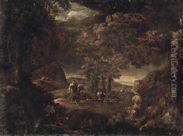 A Wooded Landscape With Figures In A Thunderstorm Oil Painting - Andrea Locatelli
