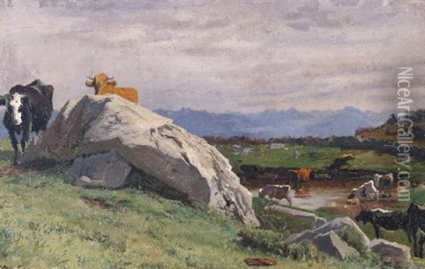 Troupeau De Vaches Pres D'un Lac De Montagne Oil Painting - Albert Lugardon