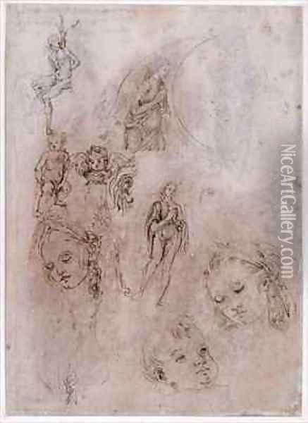 Sheet of studies with St Sebastian naked children and angels heads of Virgin and Jesus Child Oil Painting - Francesco di Simone da Fiesole Ferrucci