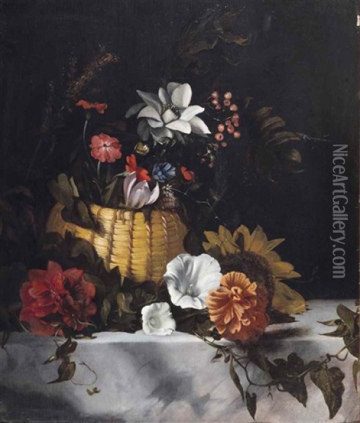 A Basket Of Flowers On A Marble Ledge Oil Painting - Dirk de Bray