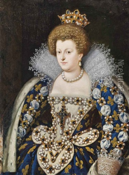 Portrait Of Maria De Medici (1573-1642), Queen Consort Of France In A Blue Dress Embroidered With Gold Fluer-de-lys And Adorned With Pearls Oil Painting - Frans Pourbus the younger