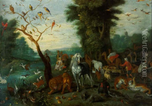 Noah, His Family And The Animals Entering The Ark Oil Painting - Jan van Kessel the Elder