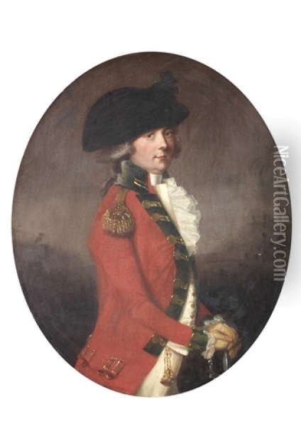Portrait Of Lieutenant General Sir Thomas Bawser, K.c.b, Three-quarter-length, In A Scarlet Coat And White Ruff, Standing Before A Colonial Fort Oil Painting - John Thomas (Seaton) Seton