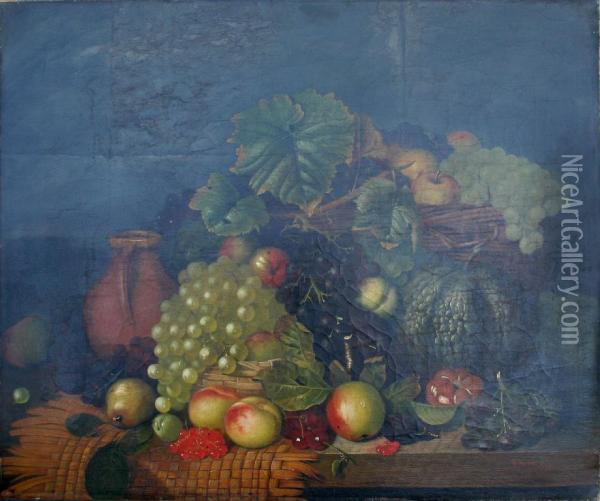 Still Life Of Fruits, A Wicker Basket And A Jug On A Ledge Oil Painting - Willoughby Wallace Hooper