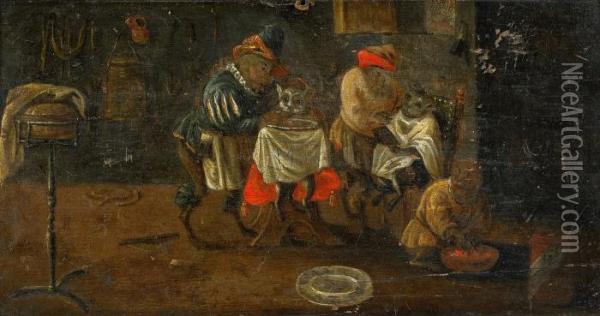 Hos Kattfrisoren Oil Painting - David The Younger Teniers