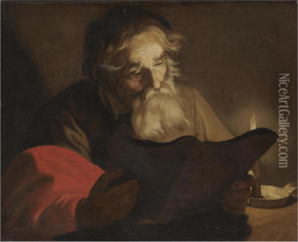 A Male Figure Reading By Candlelight Oil Painting - Hendrick Bloemaert