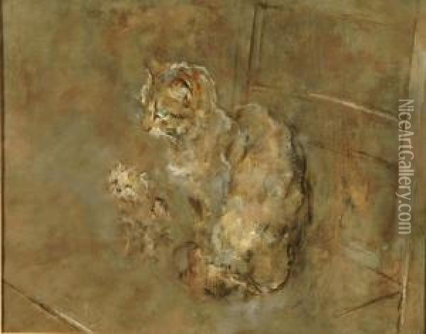 A Cat With Kitten Seated On A Stool Oil Painting - George Pirie