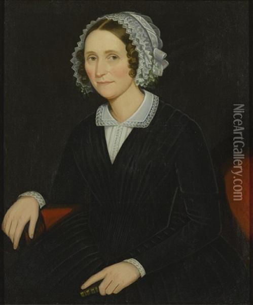 Woman Seated On A Red Sofa, Wearing A Black Dress With White Lace Collar And Holding A Book Oil Painting - Ammi Phillips