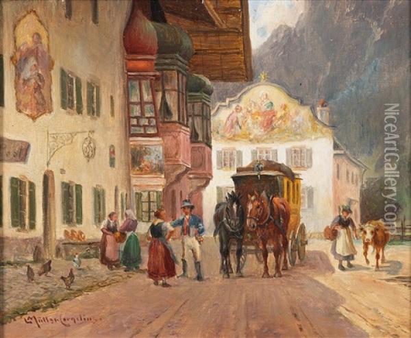 The Post Coach Stops In Mittenwald Oil Painting - Ludwig Mueller-Cornelius