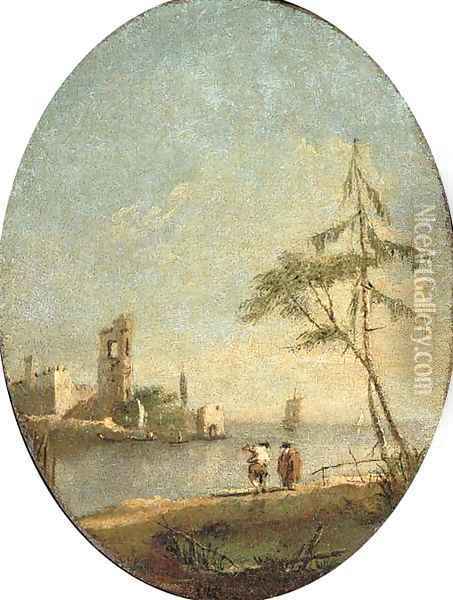 A capriccio of the Venetian lagoon with figures by the shore Oil Painting - Francesco Guardi