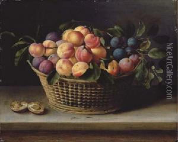 Peaches And Plums In A Basket With A Halved Plum On A Woodenledge Oil Painting - Louise Moillon