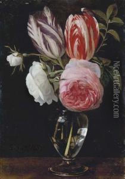 Tulips, White Roses And A Rose Oil Painting - Daniel Seghers