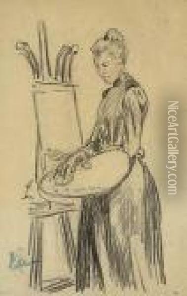 Woman At An Easel>. Oil Painting - Maximilien Luce