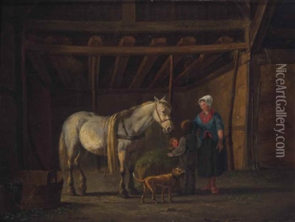 Family With A Grey Horse In A Stable Oil Painting - Anthony Oberman
