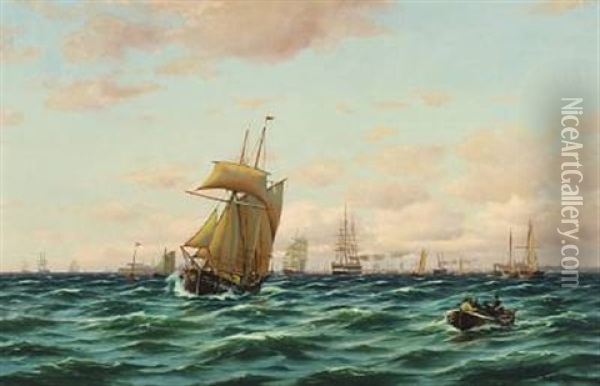Seascape With Several Sailingships Outside Copenhagen Harbour Oil Painting - Johan Jens Neumann