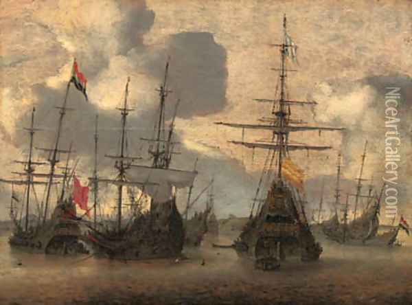 Dutch men-o-war anchored off the coast Oil Painting - Hendrik van Anthonissen