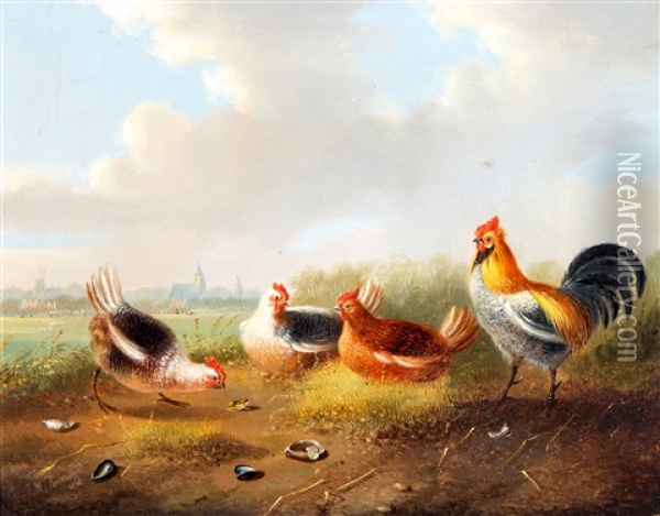 Pluimvee En Een Kikker Oil Painting - Johannes Marinus Verhoesen