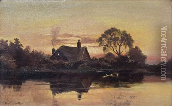 Landscape With House By A Pond Oil Painting - Charles Francois Daubigny
