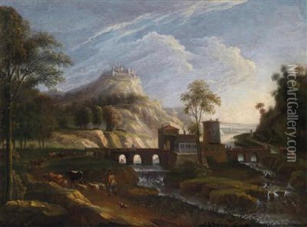 Mountainous River Landscape With An Archedstone Bridge Oil Painting - Ignaz Franz Leithner