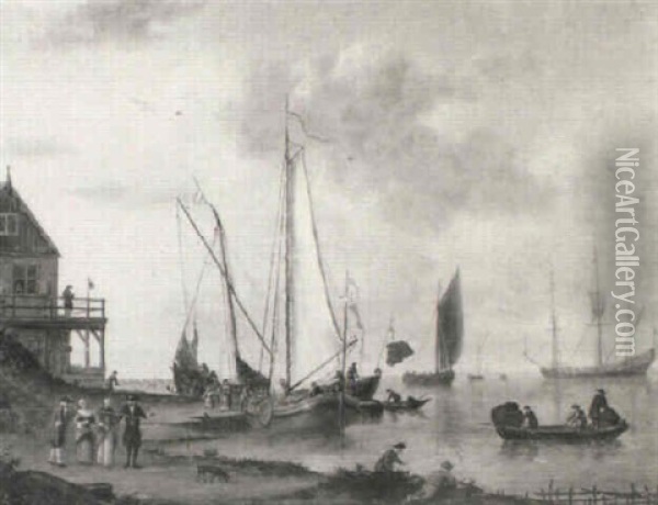Dutch Shipping In A Calm By A Harbour With Elegant Figures Promenading Oil Painting - Jan van Os