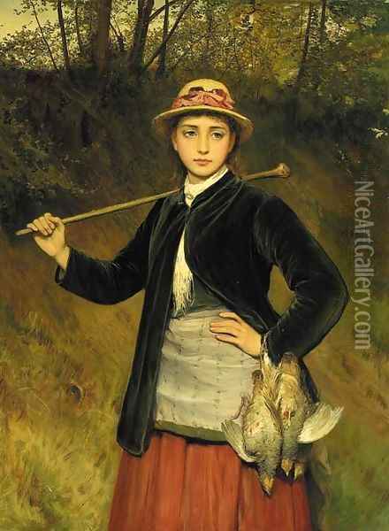A young girl carrying partridges Oil Painting - Charles Sillem Lidderdale