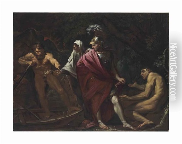 Aeneas And The Cumaean Sibyl Presenting The Golden Bough To Charon Oil Painting - Pietro Testa