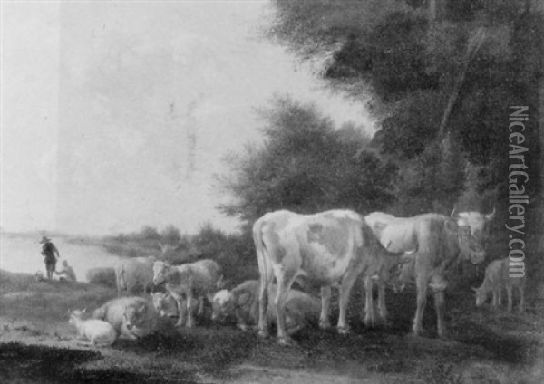 A Wooded Landscape With Cattle And Sheep In A Meadow And Two Figures Beside A River Beyond Oil Painting - Albert Jansz Klomp