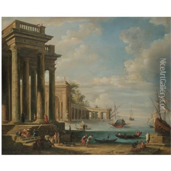 A Capriccio Of A Mediterranean Harbour Scene Oil Painting - Giovanni Paolo Panini