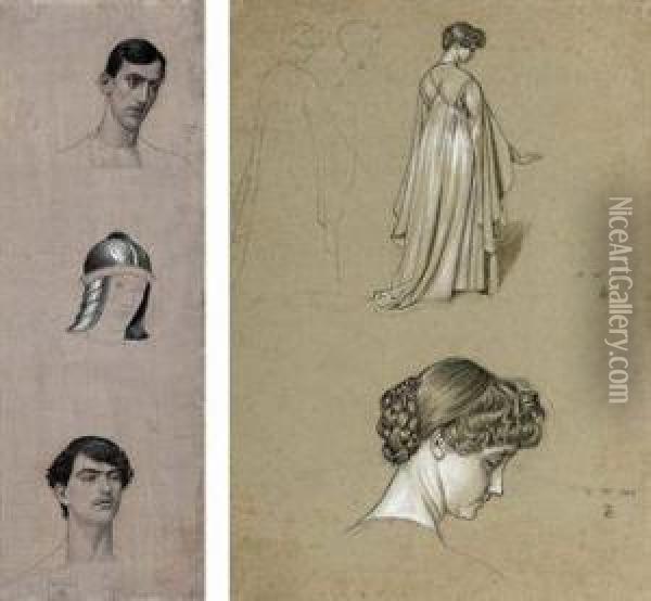 Studies For A Female Figure; And Head Studies Of A Man (bothillustrated) Oil Painting - Joseph Edward Southall