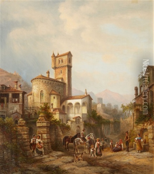 View Of A Small Town With A Romanic Church Oil Painting - Henry Jackel