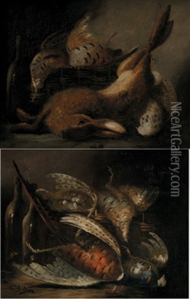 Nature Morte Aux Faisans (+ Nature Morte Au Lievre Et Perdreaux; Pair) Oil Painting - Charles Leroy