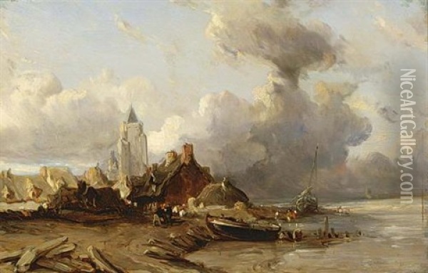 A Village By The Sea Oil Painting - Louis-Gabriel-Eugene Isabey